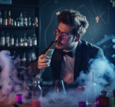 CPH dude playing with chemistry in a lab while drinking cocktai ccc346df 5c55 4d25 bfe6 bede21c547d2