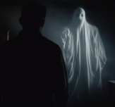 CPH man in dark room sees ghost figure detailed 4 K 6575f1bd 2d3e 44fd 8a76 f0094a884973