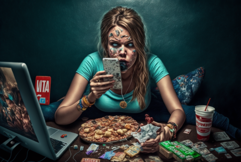 CPH woman watching netflix and looking at her iphone and eating bb168129 5354 4320 8774 d3434fa8f7ab